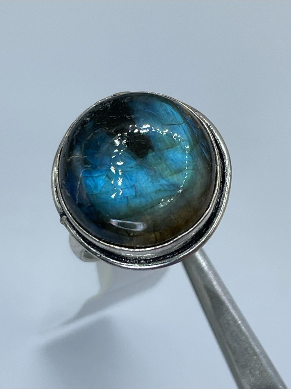 Artisan Labradorite Cabochon Ring Blue Flash Silver Tone Boho Statement Sz 8
